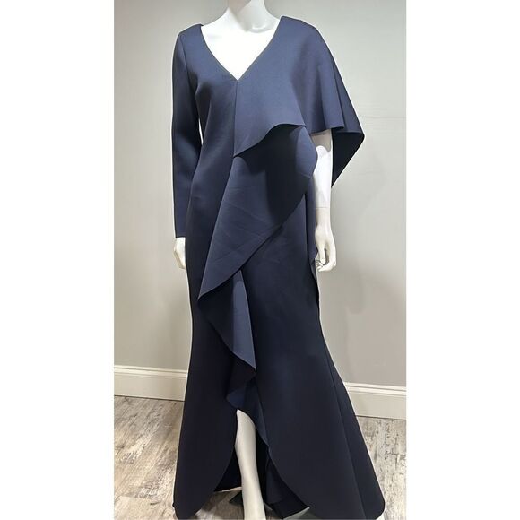 Badgley Mischka Navy Blue Asymmetric Ruffle Gown Size 2 - Picture 4 of 10